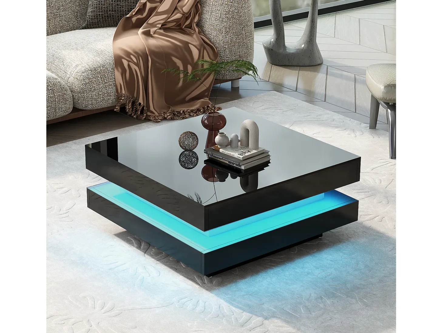 Mesa de centro contemporânea com LED em 16 cores - formato quadrado - Preto