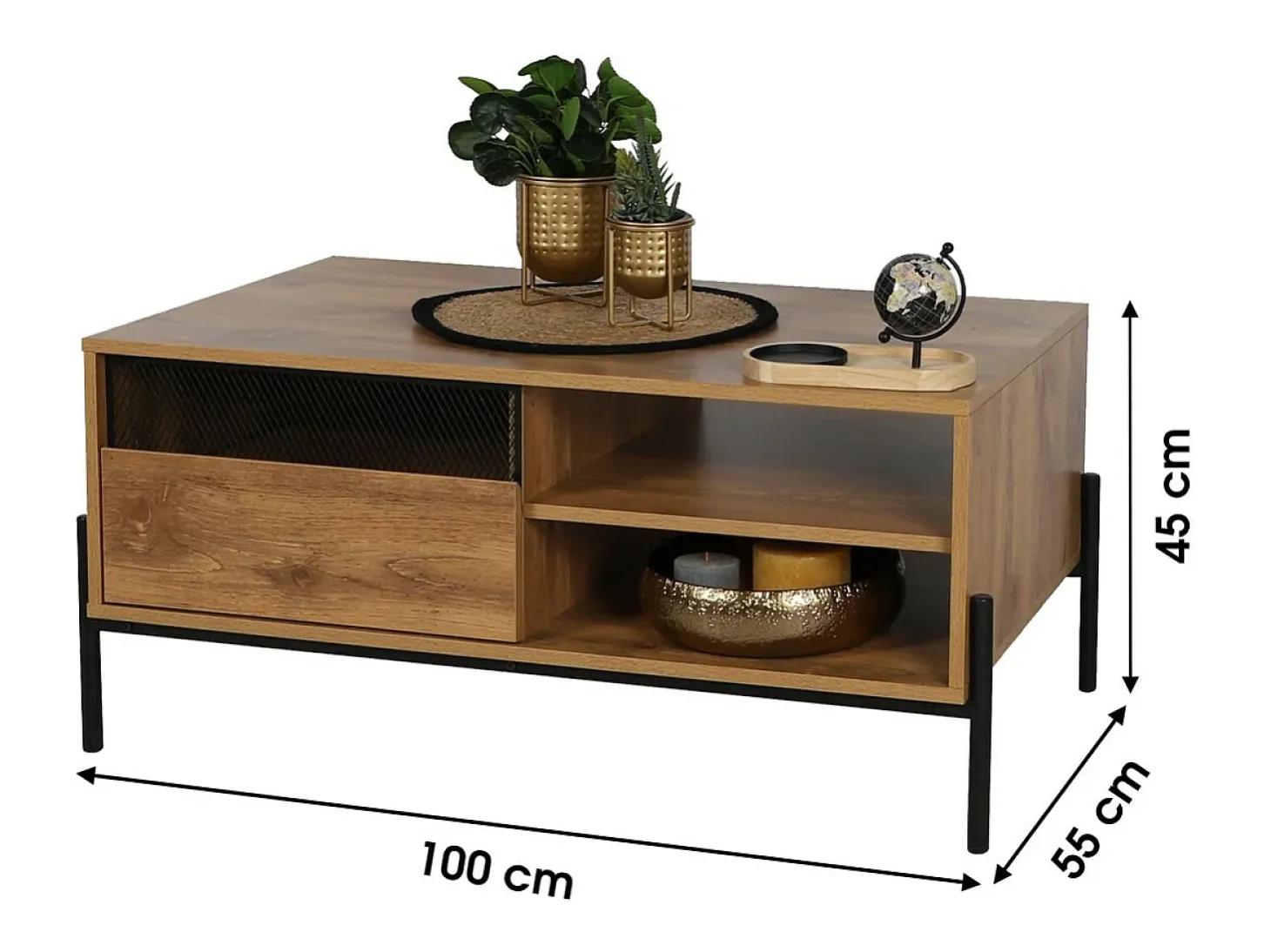 Mesa de centro cor carvalho escuro estilo rústico. Pés em metal preto, dimensões 60x49x110cm.