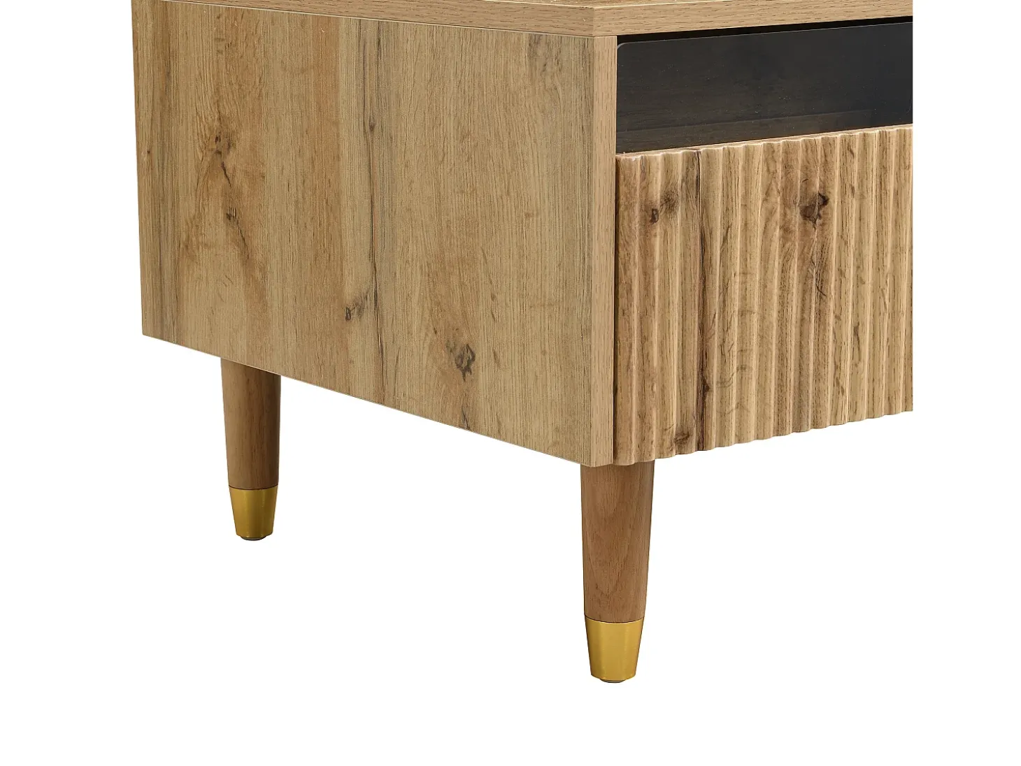Mesa de centro cor madeira com LED, 2 gavetas, dourado e pés em madeira 110x50x40cm