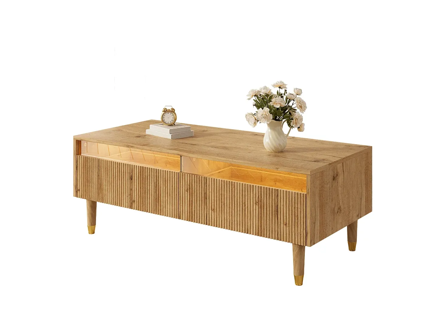 Mesa de centro cor madeira com LED, 2 gavetas, dourado e pés em madeira 110x50x40cm