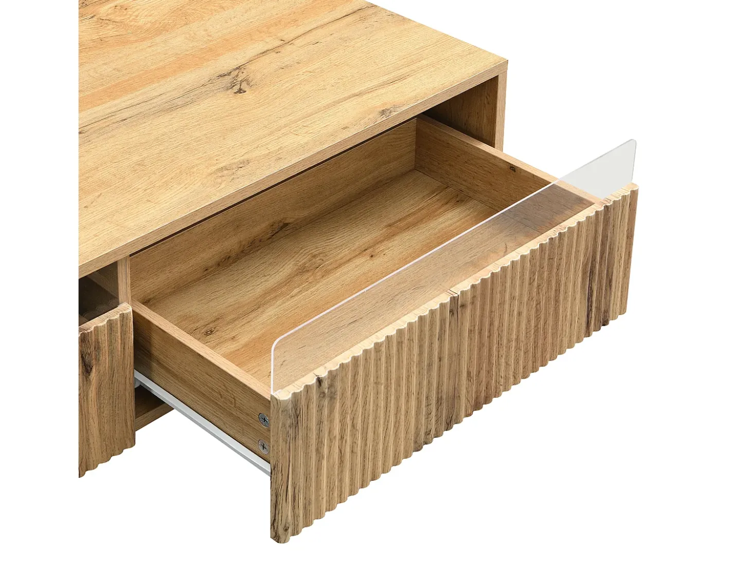 Mesa de centro cor madeira com LED, 2 gavetas, dourado e pés em madeira 110x50x40cm