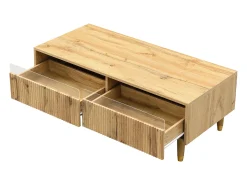 Mesa de centro cor madeira com LED, 2 gavetas, dourado e pés em madeira 110x50x40cm