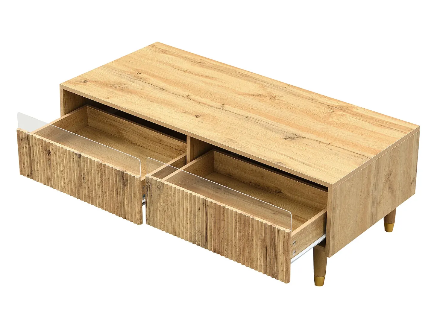 Mesa de centro cor madeira com LED, 2 gavetas, dourado e pés em madeira 110x50x40cm
