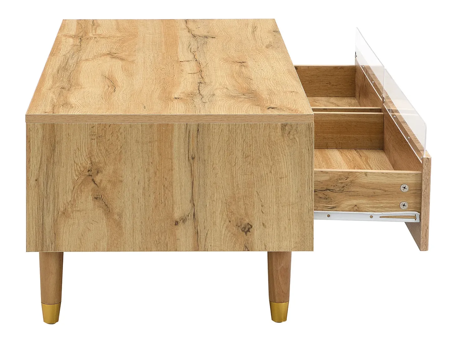 Mesa de centro cor madeira com LED, 2 gavetas, dourado e pés em madeira 110x50x40cm