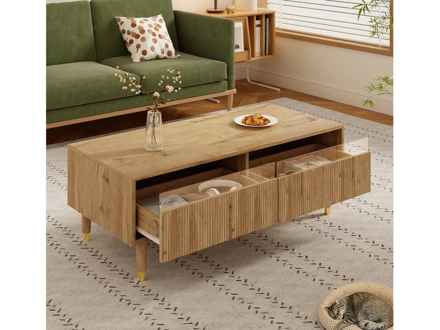 Mesa de centro cor madeira com LED, 2 gavetas, dourado e pés em madeira 110x50x40cm