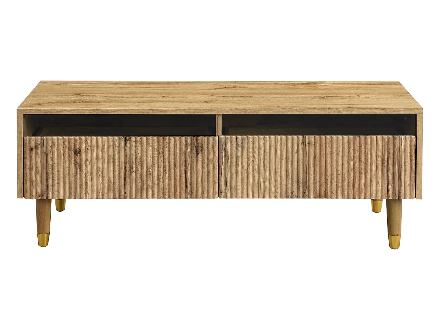 Mesa de centro cor madeira com LED, 2 gavetas, dourado e pés em madeira 110x50x40cm