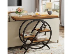 Mesa de centro de 100 cm com tampo espesso, mesa para sofá de corredor industrial estreita com 4 níveis e estrutura geométrica de metal, marrom claro