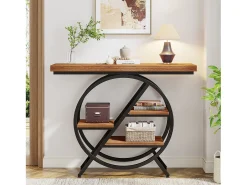 Mesa de centro de 100 cm com tampo espesso, mesa para sofá de corredor industrial estreita com 4 níveis e estrutura geométrica de metal, marrom claro
