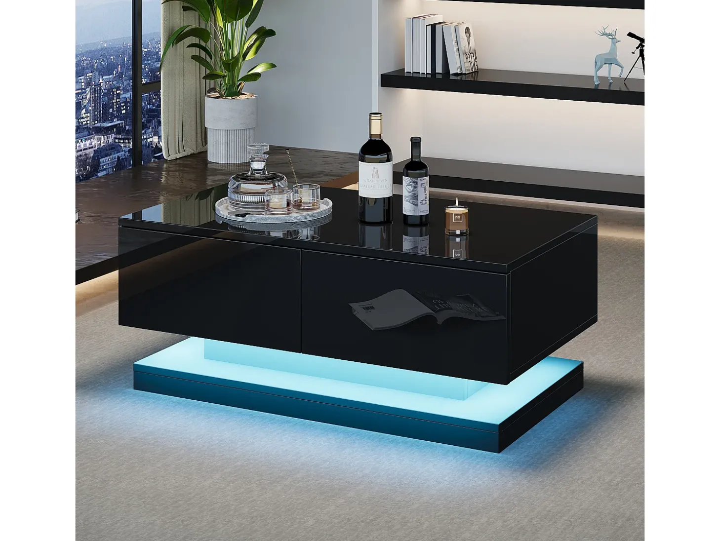 Mesa de centro de alto brilho 90x50x38cm - com 2 gavetas - com iluminação LED - preta