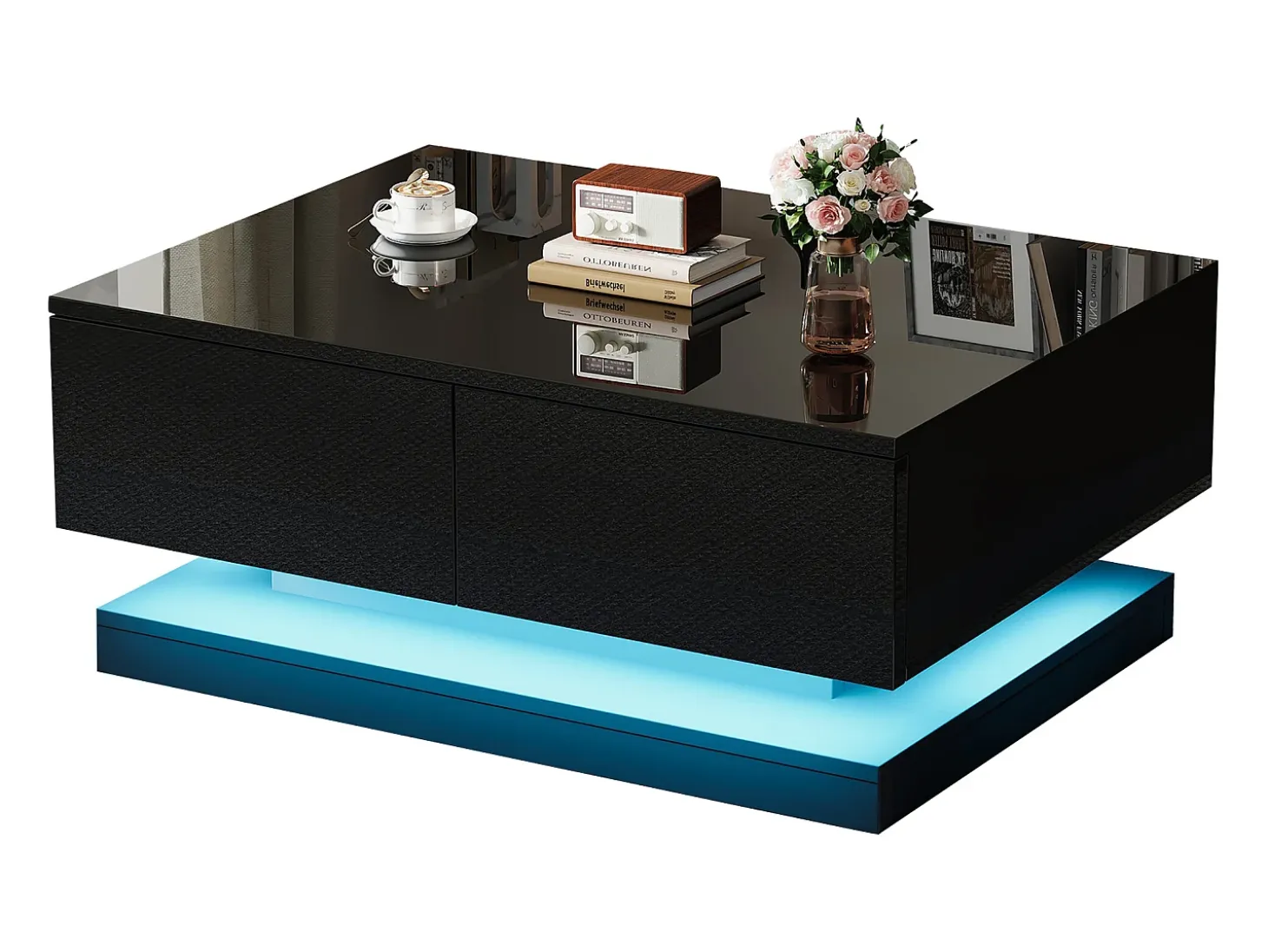 Mesa de centro de alto brilho 90x50x38cm - com 2 gavetas - com iluminação LED - preta