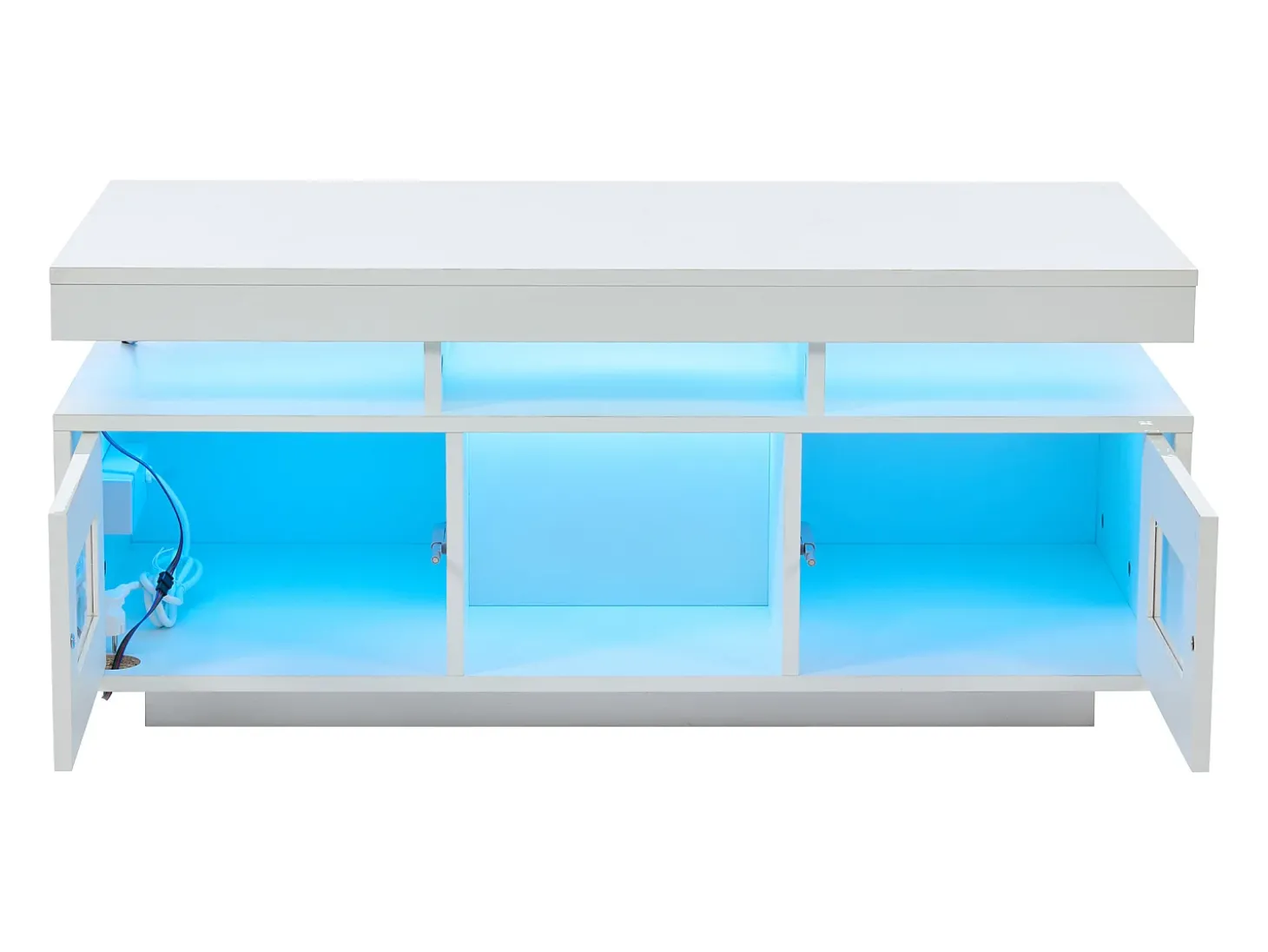 Mesa de centro de alto brilho 100x50x43cm - com 2 portas - iluminação LED - com porta de carregamento e tomada - branca