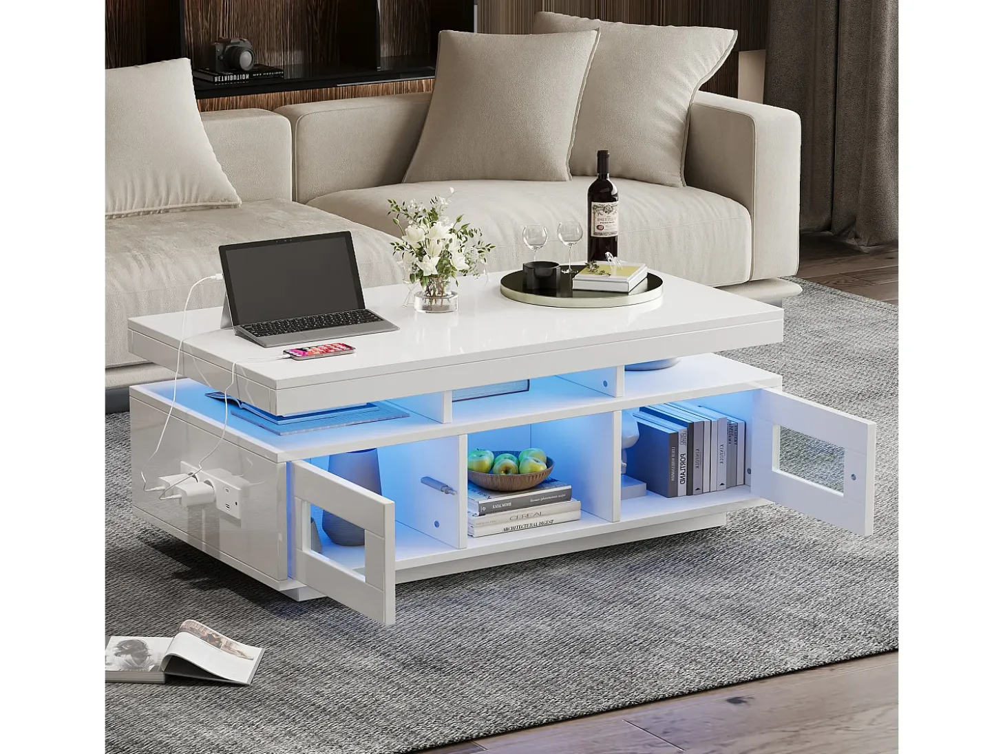 Mesa de centro de alto brilho 100x50x43cm - com 2 portas - iluminação LED - com porta de carregamento e tomada - branca
