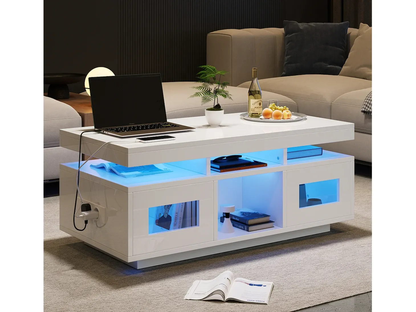 Mesa de centro de alto brilho 100x50x43cm - com 2 portas - iluminação LED - com porta de carregamento e tomada - branca