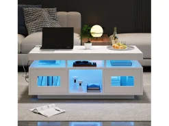 Mesa de centro de alto brilho 100x50x43cm - com 2 portas - iluminação LED - com porta de carregamento e tomada - branca
