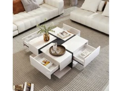 Mesa de centro de alto brilho com 4 gavetas - 78 x 78 x 36 cm - espaço de armazenamento embaixo - aglomerado - branco