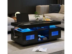 Mesa de centro de alto brilho 100x50x43cm - com 2 portas - iluminação LED - com porta de carregamento e tomada - preta