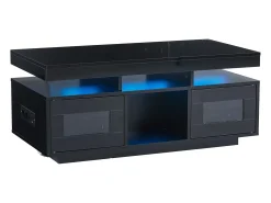 Mesa de centro de alto brilho 100x50x43cm - com 2 portas - iluminação LED - com porta de carregamento e tomada - preta