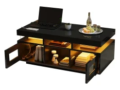 Mesa de centro de alto brilho 100x50x43cm - com 2 portas - iluminação LED - com porta de carregamento e tomada - preta