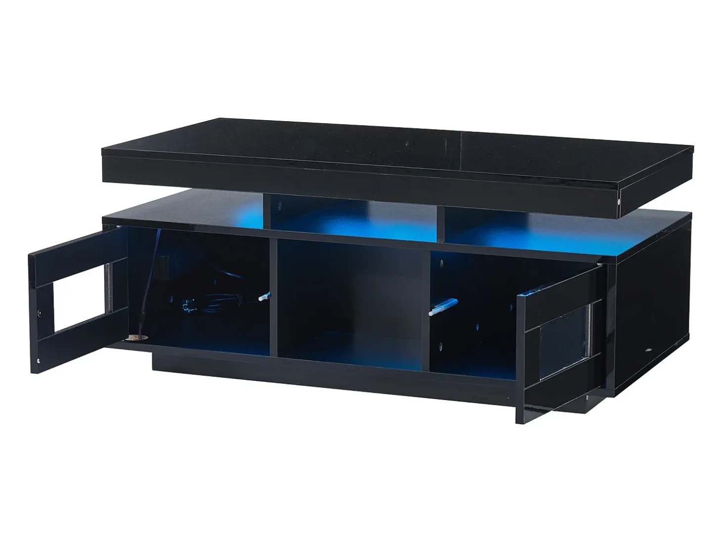 Mesa de centro de alto brilho 100x50x43cm - com 2 portas - iluminação LED - com porta de carregamento e tomada - preta