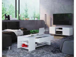 Mesa de centro de madeira VCM simples | Dimensões aprox. A. 35 x L. 100 x P. 50 cm | Mesa de estar com gaveta - Tindus (Branco / Branco)