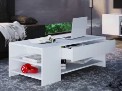 Mesa de centro de madeira VCM simples | Dimensões aprox. A. 35 x L. 100 x P. 50 cm | Mesa de estar com gaveta - Tindus (Branco / Branco)