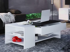 Mesa de centro de madeira VCM simples | Dimensões aprox. A. 35 x L. 100 x P. 50 cm | Mesa de estar com gaveta - Tindus (Branco / Preto)