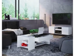 Mesa de centro de madeira VCM simples | Dimensões aprox. A. 35 x L. 100 x P. 50 cm | Mesa de estar com gaveta - Tindus (Branco / Preto)
