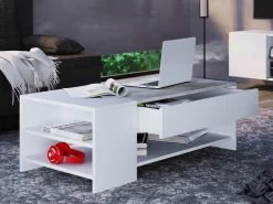 Mesa de centro de madeira VCM simples | Dimensões aprox. A. 35 x L. 100 x P. 50 cm | Mesa sala de estar com gaveta - Tindus (look branco / concreto)