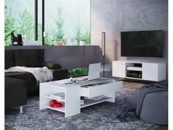 Mesa de centro de madeira VCM simples | Dimensões aprox. A. 35 x L. 100 x P. 50 cm | Mesa sala de estar com gaveta - Tindus (look branco / concreto)