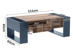 Mesa de centro de madeira com 1 gaveta e 4 nichos de arrumação - Mesa de sala de estar - Mesa lateral - cor natural + cinza