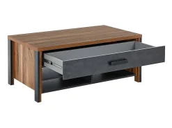 Mesa de centro design coleção WINDSOR com gaveta e nichos. Cor carvalho escuro e cinza antracite.
