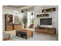 Mesa de centro design coleção WINDSOR com gaveta e nichos. Cor carvalho escuro e cinza antracite.