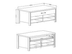 Mesa de centro design coleção WINDSOR com gaveta e nichos. Cor carvalho escuro e cinza antracite.