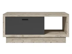 Mesa de centro design da coleção CORK com gaveta e nicho. Acabamento em madeira e cinza.