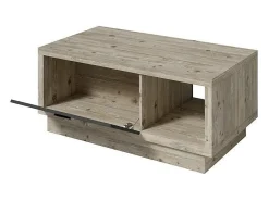 Mesa de centro design da coleção CORK com gaveta e nicho. Acabamento em madeira e cinza.