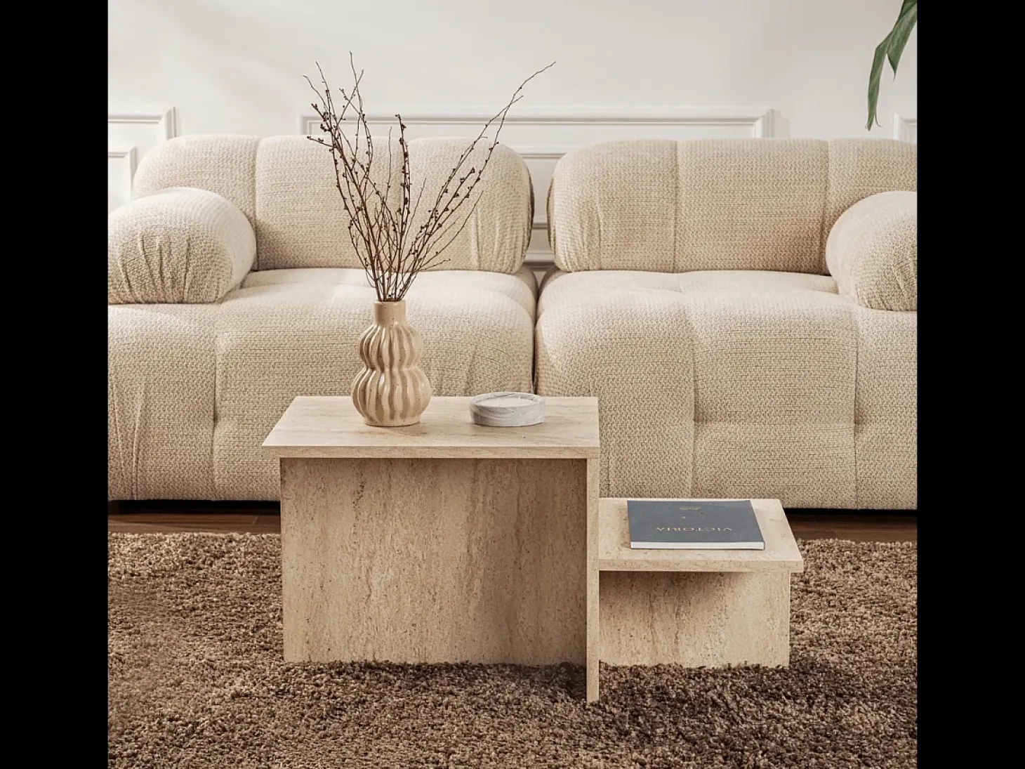 Mesa de centro design escandinavo Harmony 80x40x40 cm bege com efeito mármore travertino, aglomerado, sem arrumação