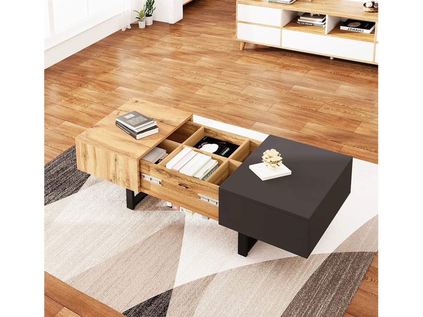 Mesa de centro deslizante com arrumação oculta - 155 x 55 x 22 cm - madeira e metal - preto e natural