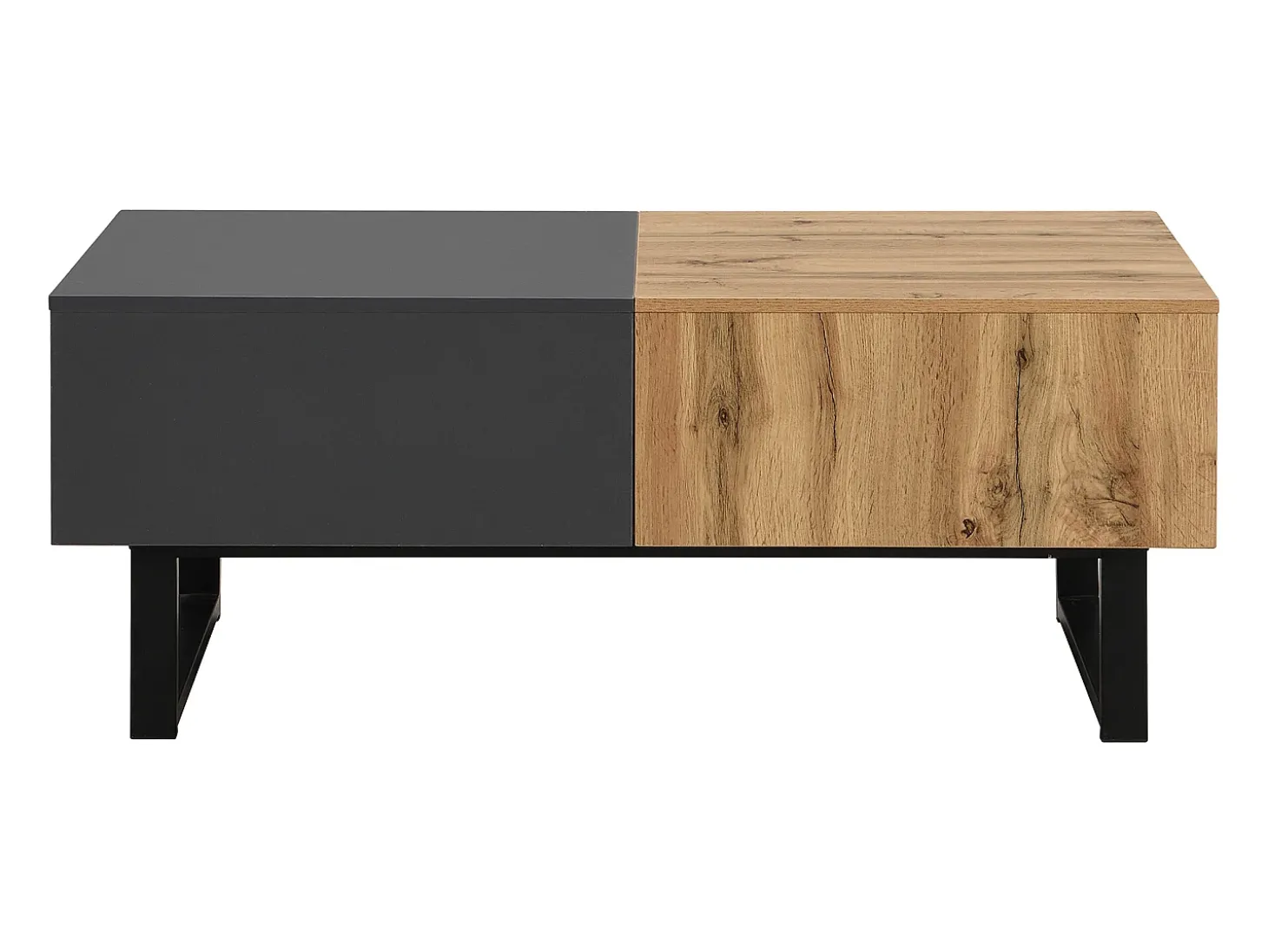 Mesa de centro deslizante com espaço de arrumação oculto - Pés em metal - Cor: madeira e preto