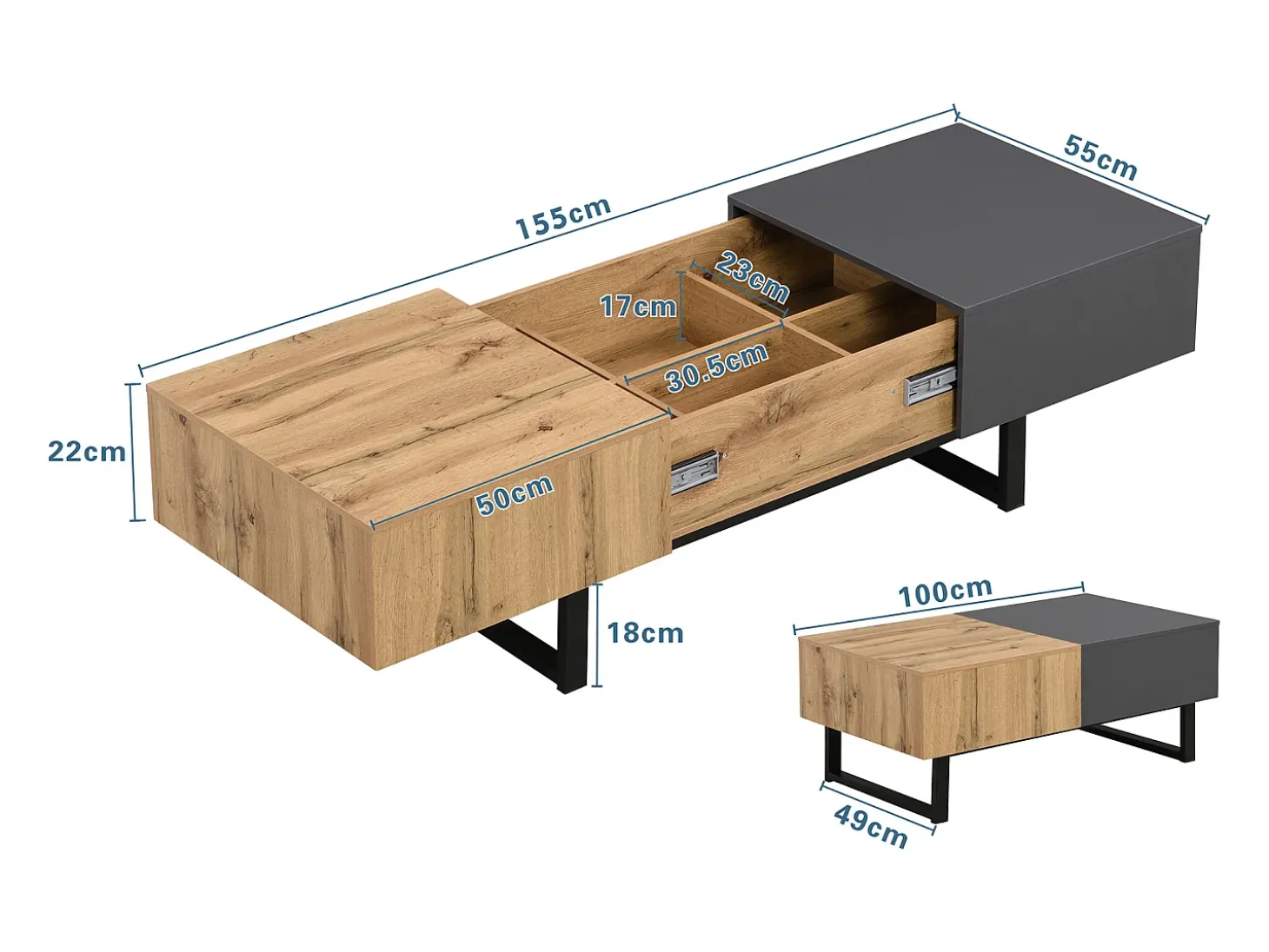 Mesa de centro deslizante com espaço de arrumação oculto - Pés em metal - Cor: madeira e preto