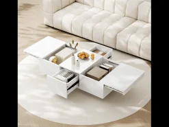 Mesa de centro deslizante com 2 gavetas - 100 C x 50 L x 31 A cm - efeito alto brilho - Aglomerado - Branco