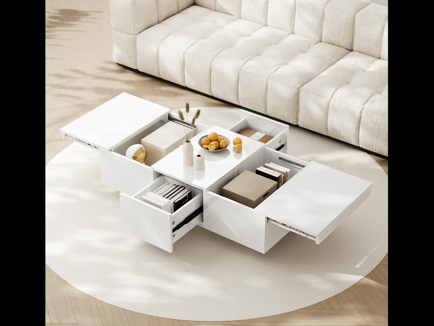 Mesa de centro deslizante com 2 gavetas - 100 C x 50 L x 31 A cm - efeito alto brilho - Aglomerado - Branco