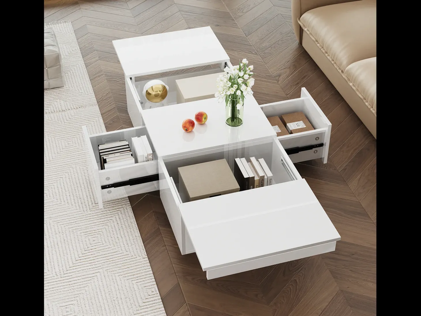 Mesa de centro deslizante com 2 gavetas - 100 C x 50 L x 31 A cm - efeito alto brilho - Aglomerado - Branco