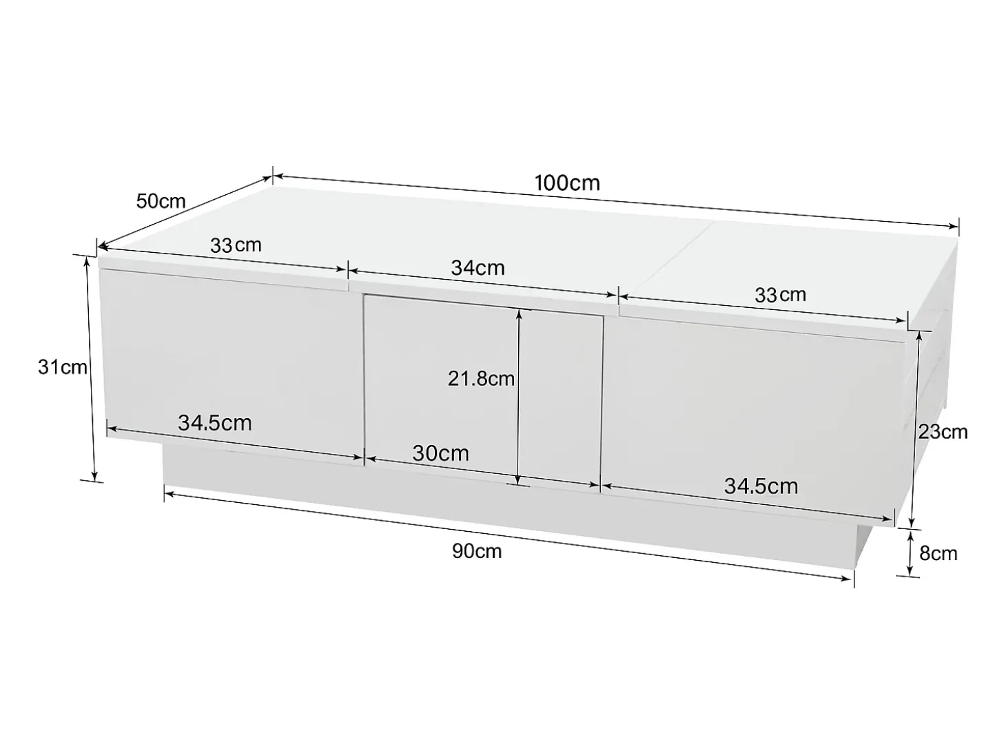 Mesa de centro deslizante com 2 gavetas - 100 C x 50 L x 31 A cm - efeito alto brilho - Aglomerado - Branco