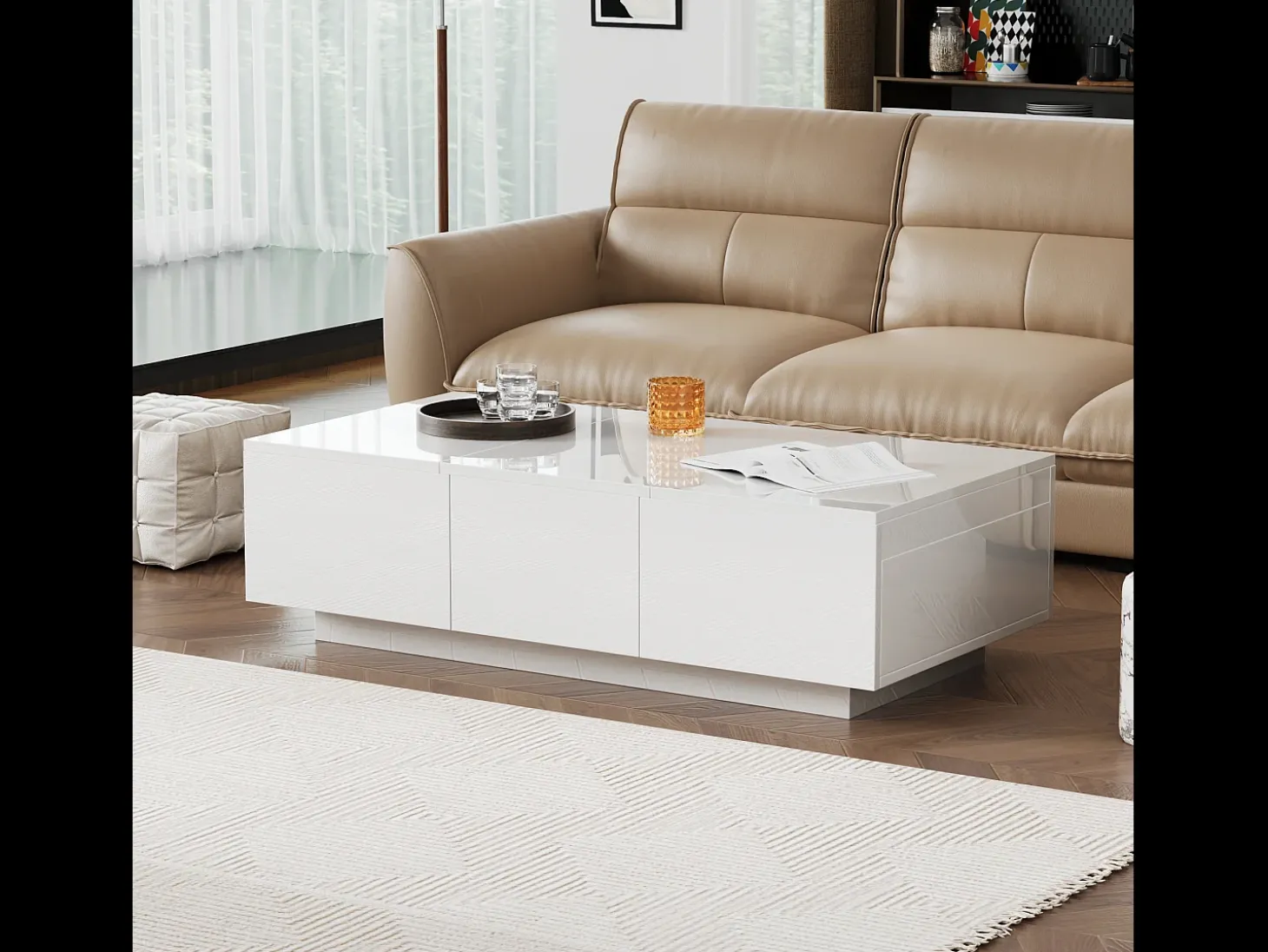 Mesa de centro deslizante com 2 gavetas - 100 C x 50 L x 31 A cm - efeito alto brilho - Aglomerado - Branco