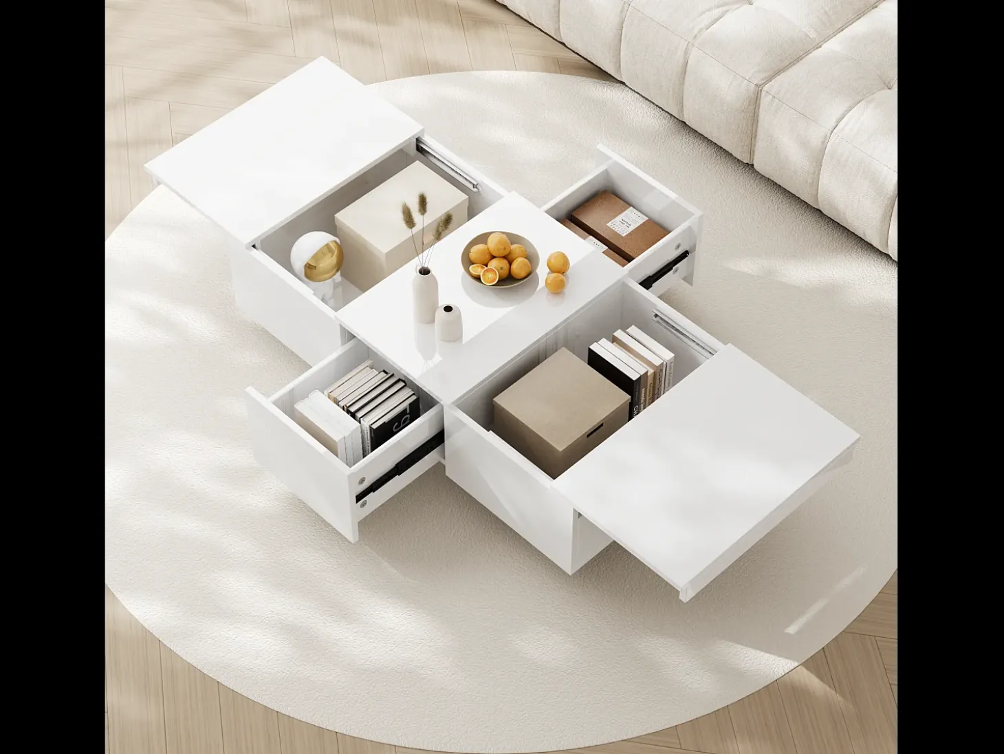 Mesa de centro deslizante com 2 gavetas - 100 C x 50 L x 31 A cm - efeito alto brilho - Aglomerado - Branco
