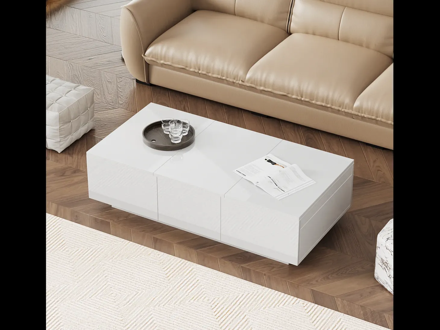 Mesa de centro deslizante com 2 gavetas - 100 C x 50 L x 31 A cm - efeito alto brilho - Aglomerado - Branco