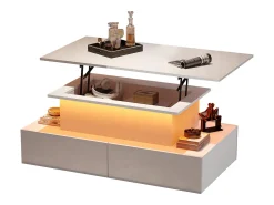 Mesa de centro elevatória - 90 x 55 x 41 cm - moderna em alto brilho com LEDs + 4 gavetas - aglomerado - branco