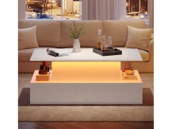 Mesa de centro elevatória - 90 x 55 x 41 cm - moderna em alto brilho com LEDs + 4 gavetas - aglomerado - branco
