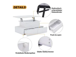 Mesa de centro elevatória - 90 x 55 x 41 cm - moderna em alto brilho com LEDs + 4 gavetas - aglomerado - branco