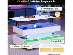 Mesa de centro elevatória hidráulica - 100 x 50 x 44 cm - com LEDs + 2 gavetas - Aglomerado - branco